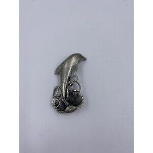 Vintage DOLPHIN Jumping Out of Shell Pewter Lapel Pin Napkin Holder Novelty